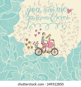 You and me forever and ever. Romantic concept background in cute colors. Couple in love on tandem bicycle inside gentle colors in vector