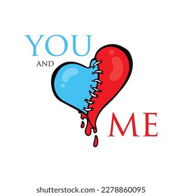 Tú y yo, medio corazón rojo y azul cosido en el medio.
Diseño de moda, Vectores para camisetas y aplicaciones interminables.