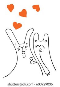 you and me hand drawn lettering phrase. Hand-drawn pencil drawing of cuddling cats and bunnies.