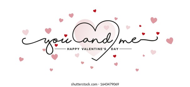 You and me handwritten typography lettering line design heart pink red hearts Valentine's Day greeting card