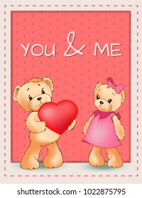 You and me happy Valentines day poster with two bears male teddy going to present his heart to female soft toy, vector greeting card isolated on pink