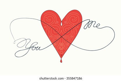 "You and me"  with heart and infinity  for coloring book, shirt design or tattoo, wedding invitations, cards, Valentine's day