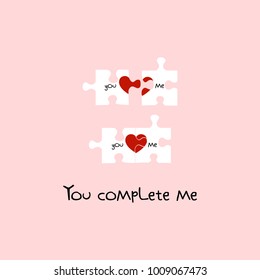 You and Me with Heart sign. You complete me. Valentine's Day. Puzzle pieces. Icon concept of love. Vector illustration, isolated on a pink background for your design greeting card. Flat. Design.