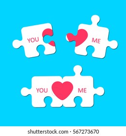 You and Me. Heart sign. Valentine's Day. Puzzle pieces. Icon concept of love. Vector illustration, isolated on a blue background for your design greeting card. Flat. Design.