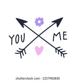 You and me lettering with arrows. Vector illustration for Valentine's Day.