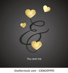 You and me in love two linked hearts Valentine's Day gold black logo sign
