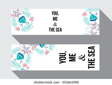 You, me and the sea - gentle floral card with abstract flowers and ships in blue colors