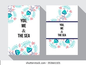 You, me and the sea - gentle floral card with abstract flowers and ships in blue colors