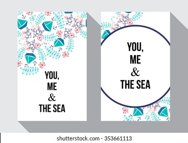 You, me and the sea - gentle floral card with abstract flowers and ships in blue colors