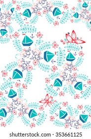 You, me and the sea - gentle floral card with abstract flowers and ships in blue colors