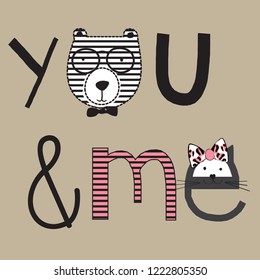 you and me text with teddy bear and cat, love forever card
