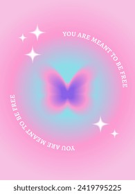 You are meant to be free illustration in minimalist style. Modern aura design with gradient butterfly for poster, y2k background. Vector