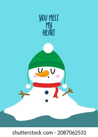 You melt my Heart - greeting card with phrase for Christmas. Hand drawn lettering for Xmas greetings cards, invitations. Good for t-shirt, mug, gift, printing press. Valentine's Day Card.