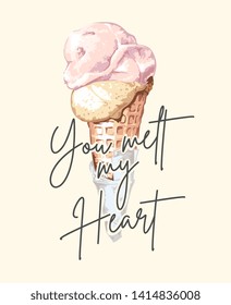 you melt my heart slogan on ice cream hand drawn illustration