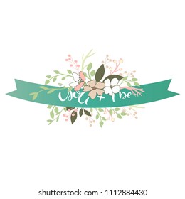 You and me-vector typography. Hand drawn lettering by brush with cute flower bouquet and decorative ribbon. For postcard, card, posters, wedding days.