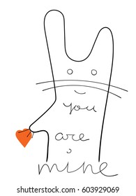 you are mine hand drawn lettering phrase. Handmade pencil drawing of a seal and bunny with a heart in the paw