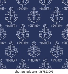 You Are My Anchor seamless pattern. Nautical Design. Sailor vector illustration on dark blue background.  Vintage Label.