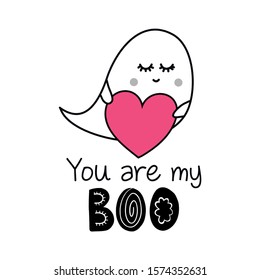 You are my Boo - Valentine's Day handdrawn illustration. Handmade lettering print. Vector vintage illustration with cute Ghost with lovely heart. 