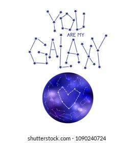 You are my galaxy. Handdrawn lettering quote with heart constellation