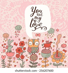 You are my love concept set in vector. Sweet owl, with lovely rabbit and horse on cartoon flowers under summer rain in bright colors