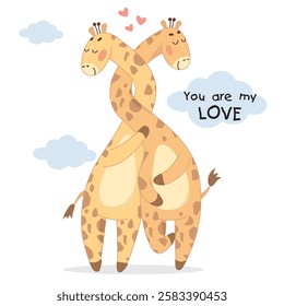 you are my love, giraffes in love, long neck, cute giraffe, intertwined necks, hugged necks, tall, romance, giraffes hugging, love, cute, tenderness, giraffe sticker, up to the sky, in the sky, clouds