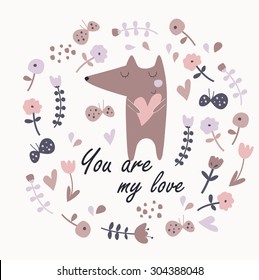 You are my love printable with cute fox holding heart and flowers and butterflies in cartoon style