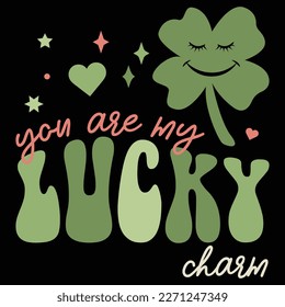 You are my Lucky Charm, St. Patricks Day Vintage Typography Groovy Design can be printed on a T-Shirt, mugs, notebooks, clothing, apparel, accessories, Canvas, and so on.
