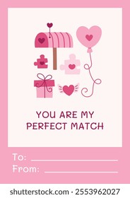 You are my perfect match. Pink valentine, valentine's day greeting card with romantic elements, balloon, gift, heart, puzzles. Vector illustration. 