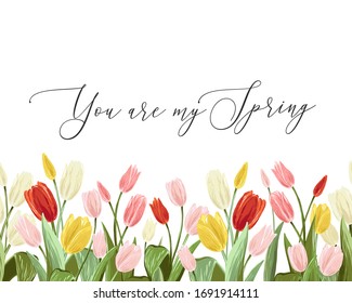 You are my spring quote and colorful tulips. Spring horizontal border seamless pattern. Floral background print with blossom vector flowers. Repeatable digital watercolor illustration