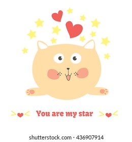 You are my star card. Unusual inspirational and motivational quote poster.Fashion t-shirt funny cat.Fashion print portrait hugging a kitten.Sweetheart greeting postcard.Cool design picture.Crazy eyes