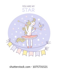 You are my star. Sweet pony play circus. Little horse girl and funny mouse wearing tutu are balancing and walking on the rope on the stars background.