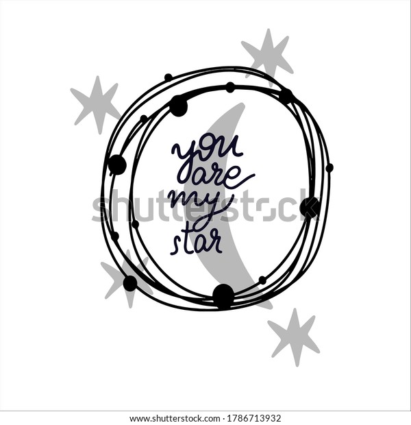 You are my sunshine\
lettering in wreath with moons and stars around. Round frame\
greeting card. Minimalist scandinavian hygge lykke style greeting\
card, thank you card 