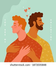 "You are my Valentine" greeting card for gays. Vector illustration of two hugging men in yellow and red t-shirts in trendy flat style. Isolated on light blue background