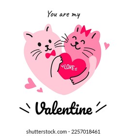 You are my Valentine! greeting card vector illustration. Cute cat hugging each other.