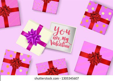 You are my valentine lettering in the open box and set of present gift box with red ribbon bow on pink background. concept design for greeting card, banner on valentine's day in vector