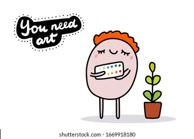 You need art hand drawn vector illustration in cartoon comic style man holding paints for prints posters cards