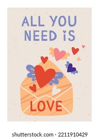 You need love poster. Envelope with winged saddles. Metaphor of help and care, romantic correspondence. Interaction and communication. Graphic element for website. Cartoon flat vector illustration