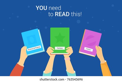 You Need To Read This Book Concept Vector Illustration Of Young People Reading Books For Distance Studying And Education. Flat Human Hands Hold The Books And Recommend Reading For Self Education