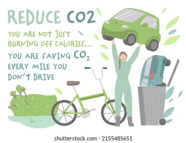 You are not just burning off calories. Importance of riding bicycle for the well-being of the environment and society. Global problem. Ecological vertical poster. Vector illustration in cartoon style