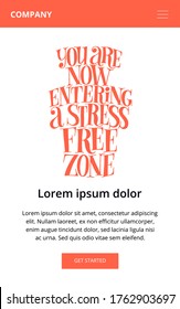 You are now entering a stress free zone. Mind for social media, interior. Hand-drawn lettering quote for SPA. Vector lettering for web email promotions and landing pages. Vertical template.