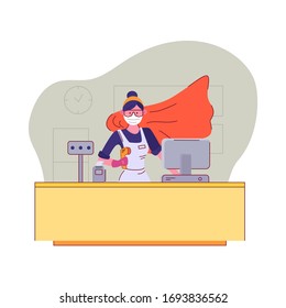 You are our heroes. Seller in medical mask and goggles stands behind the cash register in a supermarket with a superhero cloak during quarantine. Appreciation to sales staff. Vector illustration.