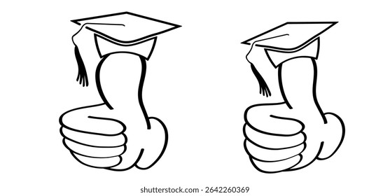 You passed or you did it, thumbs up. Diploma obtained. Diploma celebration, cellebrate sign. Study, education, university, college, graduate concept. Graduation hat cap or Academic cap. student idea.