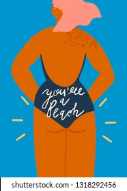 You are a peach. Stylish sun-tanned lady dressed in trendy swimsuit standing backwards. Hand drawn colored vector illustration