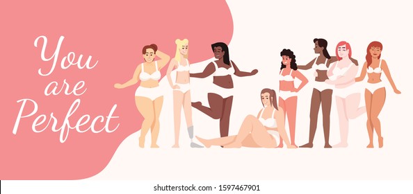 You are perfect flat poster vector template. Women dressed in lingerie isolated cartoon characters on white and pink. Body positive. Banner, brochure page, leaflet design layout with place for text