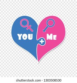 You Plus Me. Love. Relations. Puzzle Two Pieces Heart in Blue and Pink Color Isolated on Transparent Background. Gender Signs of Venus and Mars. Cartoon Valentines Day Clip art. Vector Illustration.