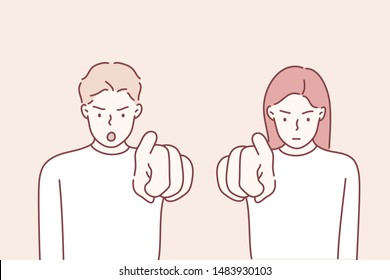  It's you! Portrait angry annoyed people getting mad pointing finger at you camera showing hand gesture this is you. Hand drawn style vector design illustrations.