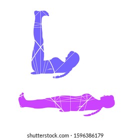 You are provided with a vector illustration - a set of five exercises of Tibetan gymnastics. In the photo - a woman does the second exercise, lying, raising her legs and head from the floor. 