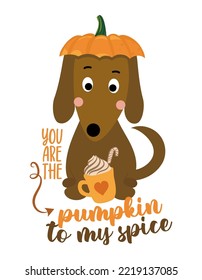 You are the pumpkin to my spice - Hand drawn vector illustration with cute fox with pumpkin spice latte. Autumn color poster. Good for poster, greeting card, banner, textiles, gift, shirt, mug.