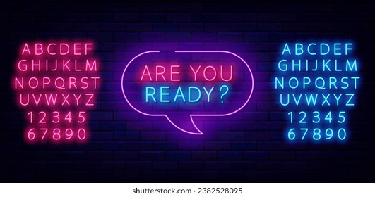 Are you ready neon signboard. Shiny blue and pink alphabet. Upcoming events. Game design. Shopping and performance. Sport and competition banner. Luminous advertising. Vector stock illustration