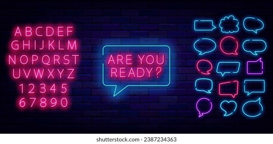 Are you ready neon signboard. Shiny pink alphabet. Upcoming events. Game design. Shopping and performance. Sport and competition banner. Speech bubbles frames set. Vector stock illustration